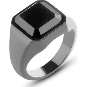 Zegelring Heren Zwart met Zwarte Steen - Staal - Heren Ring - Ringen Mannen - Cadeau voor Man - Mannen Cadeautjes
