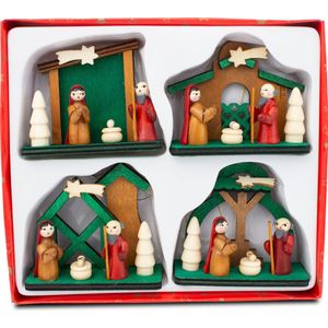 BRUBAKER 4-Delige Set Bethlehem Cribs Houten Hangers - Kerstboomdecoraties Maria en Jozef met Jezus - Kersthangertjes Houten Kerstboomdecoraties - met de Hand Beschilderd