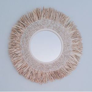 Spiegel Kauri met Schelpen en Raffia uit Bali - 70cm diameter - Riet - Rotan - Rond - Zeegras - Boho - Ibiza - Beach - Smith Premium®