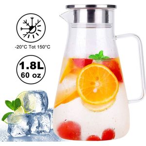 Uten Multifunctionele Waterkan - Kan van Hoog Borosilicaatglas - Glazen Karaf met Deksel Roestvrijstalen - Voor Warme of Koude Dranken - 1.8 Liter - Transparant