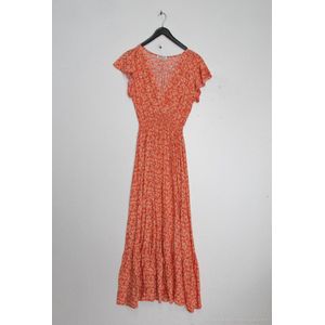Lange dames maxi jurk Tess gebloemd motief oranje groen abrikoos rood strandjurk XS