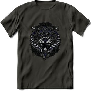 Tijger - Dieren Mandala T-Shirt | Donkerblauw | Grappig Verjaardag Zentangle Dierenkop Cadeau Shirt | Dames - Heren - Unisex | Wildlife Tshirt Kleding Kado | - Donker Grijs - M