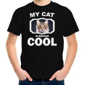 Bruine kat katten t-shirt my cat is serious cool zwart - kinderen - katten / poezen liefhebber cadeau shirt - kinderkleding / kleding 110/116