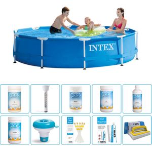 Intex Rond Frame Zwembad - 305 x 76 cm - Blauw - Inclusief Chloor - Chloordrijver - Testrips - Reparatiesetje - Scrubborstel - PH-waarde - PH-waarde - Thermometer - Algen - Chloor