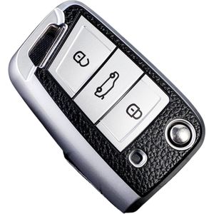 TPU Sleutelcover - Sleutelhoesje Geschikt voor Volkswagen Golf / Tiguan - Seat Leon / Ateca / Ibiza - Skoda Kodiaq / Octavia / Karoq - Zilvergrijs en Zwart Leer - Flexibele Sleutel Cover - Zacht Hoesje - Auto Accessoires