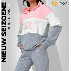 Loxxey® - Katoen - Yourself - Vrijetijdspak - Joggingpak - Huispak - Home Wear - Hoodie - Trainingspak - Tracksuit - 1 Set (2 Delig) - Dames - Maat 4XL - Poederroze / Grijs