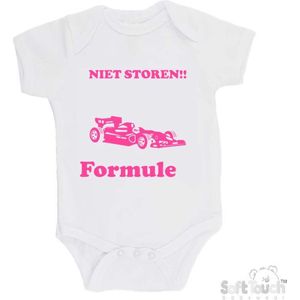 Soft Touch Romper ""Niet storen!! Mama en ik kijken Formule 1"" Meisjes Katoen Wit/roze Maat 56/62