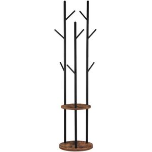 Staande Kapstok - 8 Haken & 2 Planken - Vrijstaand Kledingrek in Boomvorm - Zwart - Eenvoudig te Installeren - Bruin & Zwart