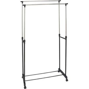 Linsabo Goods Kledingrek Dubbel 80 x 43 x 160 cm met Schoenenrek – Verstelbaar en Verrijdbaar – Staal Zwart/Zilver – Met Haken en Wielen – Praktisch voor Elke Ruimte