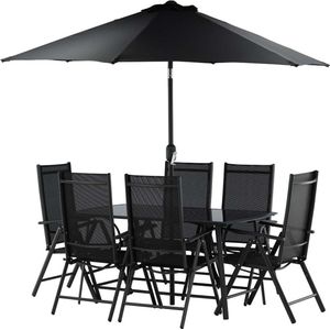 Brekki tuinmeubelset tafel 90x150cm zwart, 6 stoelen zwart.