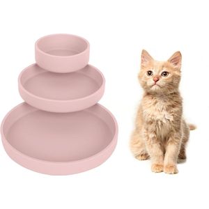 Voerbak voor katten, set van 3, siliconen voerbak, drinkschaal ovaal, siliconen bak, breed voor droogvoer en natvoer (roze)
