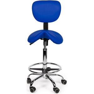 Zadelkruk Rugleuning Standaard Blauw met Voetring - Zithoogte 50/68cm - kruk op wielen - krukje - werkkruk - zadelkruk - bureaukruk - kapperskruk - verstelbaar - draaikruk - tabouret - zadelkruk met rugleuning - tot 160kg