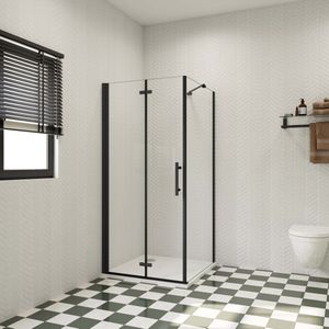 120x80x185cm douchecabine met inklapbare vouwdeur en vaste zijwand, 6mm helder EasyClean veiligheidsglas,mat zwarte aluminium frame, stabilisatiestang 45 cm