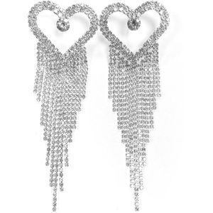 Sparkle Heart Oorbellen - Zilverkleurig | 3,8 x 11,5 cm | Hart Strass Oorhangers