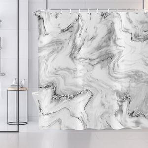 Modern abstract douchegordijn in grijs, zwart en wit met marmerlook – Wasbaar en waterdicht