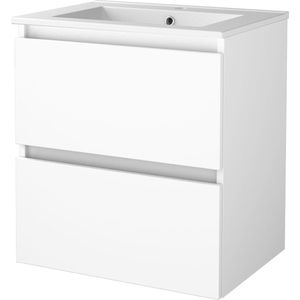 Diamond Line Magnifico - Badkamermeubel / Badkamerkast - 60x67x46cm - Hangend - MDF - Hoogglans Ice White - 2 Lades - Softclose - Greeploos - Porselein Wastafel - 1 Kraangat - Overloop