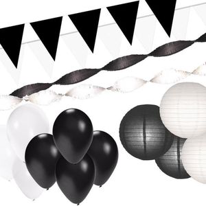 Zwart/Witte versiering pakket XXL - slingers / vlaggenlijnen / lampionnen en ballonnen