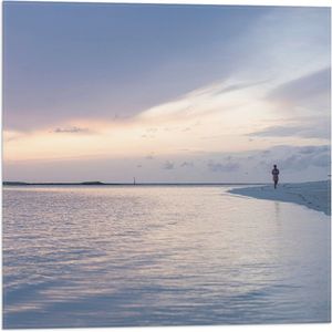 WallClassics - Vlag - Vrouw tijdens Strandwandeling tegen de Avond - 50x50 cm Foto op Polyester Vlag