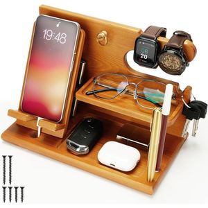 Lichtbruin houten dockingstation - nachtkastje-organizer - voor het opbergen van telefoon, portemonnees, horloges, gadgets en sleutels - cadeaus voor mannen - accessoires voor man/vader