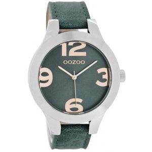 Zilverkleurige OOZOO horloge met aqua groene leren band - C7593