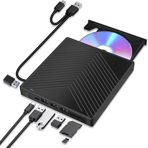 Externe CD DVD Speler 7-in-1 - Multifunctionele Optische Drive met USB 3.0, USB C, 3 USB 2.0 Poorten, SD en TF Kaartlezer - Externe DVD/CD Brand- en Lezer voor Laptop, PC, Windows en Mac OS