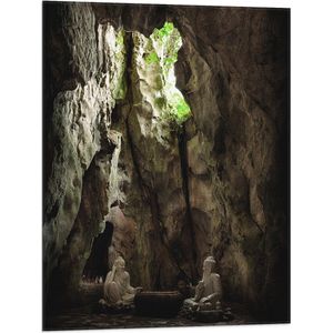 WallClassics - Vlag - Buddha Beelden in Grot - 60x80 cm Foto op Polyester Vlag
