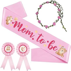 Babyshower set met sjerp, 2 rozetten en bloemenkrans Mom en Dad to be Bear roze - babyshower - genderrveal - sjerp - bloemenkrans - rozet