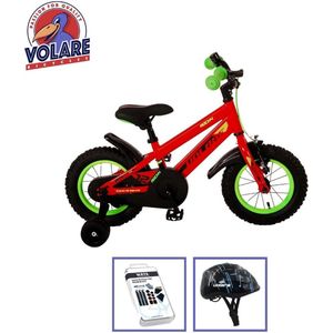 Volare Kinderfiets Rocky - 12 inch - Rood/Groen - Met fietshelm & accessoires