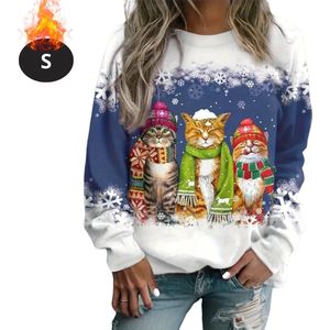 Nivard Kersttrui - Dames - Foute Kersttrui - Christmas Sweater - Kattenprint - Kerst Sweater - Christmas Jumper - Pyjama - Blauw - S