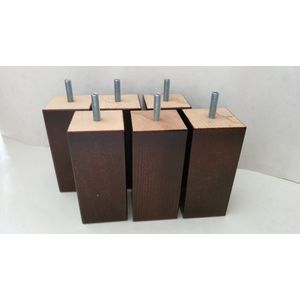 Set van 6 houten meubelpoten Wengé (donker bruin) 12 cm hoogte 5x5 cm met M8 draadeinde Boxspring bedden banken