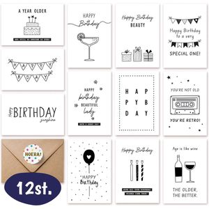 Verjaardagskaarten met Envelop & Sticker - 12 Stuks - Luxe/Rustieke Design - Papier - Wenskaarten & Enveloppen - Verjaardag Cadeau Vrouw & Man