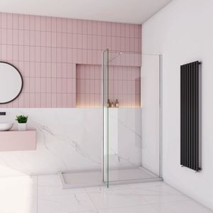 130x200cm inloopdouche + 30x200cm draaibaar hoekprofiel + 73-120cm Stabilisatiestang 8mm NANO EasyClean veiligheidsglas douchescherm