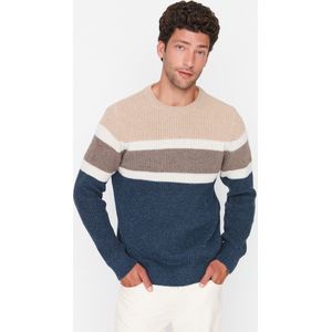 Trendyol Mannen Standaard mouw Basis Beige slim-fit gebreide trui voor heren met ronde hals en inzetstukken