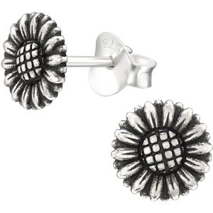 Joy|S - Zilveren zonnebloem oorbellen - 7 mm - bloem oorknoppen - geoxideerd