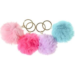 Pluizige sleutelhanger - Fluffy keychain - set van 4 stuks - 6 cm - Pompon - Pompom Lila Turquoise Fuchsia Roze