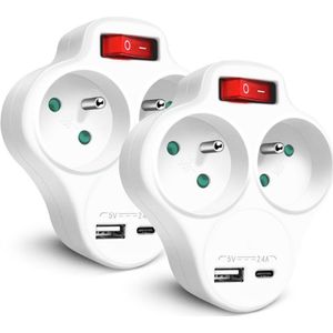 Stekkeradapter Biplite Met Frontschakelaar, 2 Stopcontacten 16A, 1x USB & 1x USB-C 5V 2,4A, Wit, 2 Stuks