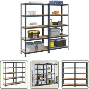 The Living Store 5 Laags Opbergrek 2 stuks antracietkleurig staal & bewerkt hout - Opslagkast - Industriele Opslag - Metalen Kast - Houten Kast - Garage Opbergkast