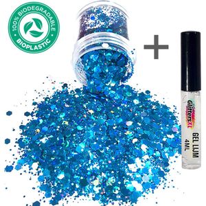 GlittersXL - Chunky Glitters (Blauw) + Glitter Huid Lijm [Volume 8g - Festival Jewels Glitter Outfit Lichaam en Gezicht - Make-up Diamond Dots Face Body - Diamantjes Strass Steentjes - Kinderen Volwassenen Dames Makeup Tattoo Mastix Schmink]