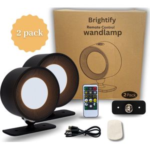 Brightify - LED Wandlamp voor Binnen - 2 Stuks - Draadloos - Oplaadbaar - Afstandsbediening - Nachtlampje - Dimbaar - Spots - Smart Lamp - Zonder Boren - 360° verstelbaar - Zwart