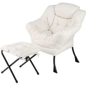 Relaxfauteuil met kruk, relaxfauteuil met armleuningen, zijvak en voetenbank, loungestoel, tv-stoel, gewatteerde oorrelaxfauteuil voor woonkamer, slaapkamer, kantoor (beige)