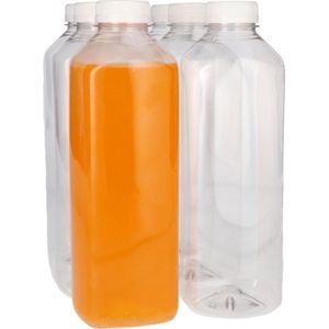 6x Sapfles Plastic 1000 ml - Mini - PET Flessen met Witte Dop, Sapflessen, Plastic Flesjes Navulbaar, Smoothie Sap Fles - Kunststof BPA-vrij - Rond - Set van 6 Stuks