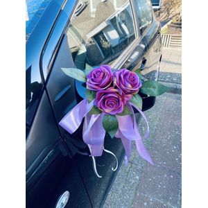 AUTODECO.NL - MIA PAARS Trouwauto Versiering Parse Rozen met Linten - Bloemen op de Auto Bruiloft - Buitenspiegels Decoratie - Trouwerij/ Huwelijk/Bruiloft Decoratie/ Versiering Spiegel Auto/ Autoversiering voor Volgauto's