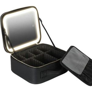 MK - Make-Up Tas - Met Oplichtende Spiegel - 3 Kleuren Licht Led - Verlichte Make-Up Koffer - Zwart