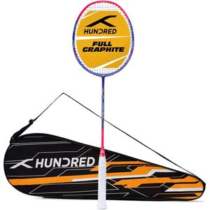 HONDERD Powertek 1000 PRO grafietbespannen badmintonracket met volledige rackethoes (marineblauw/roze) | Voor gemiddelde spelers | 95 gram | Maximale snaarspanning - 26 lbs