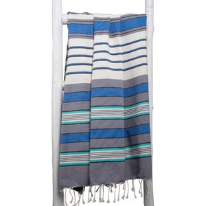 ZusenZomer Hamamdoek Fouta ABU XXL - hammam strandlaken tweepersoons - dun en licht - dames en heren -  200x200 cm  - Gestreept - blauw - grijs