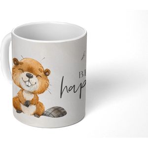 Mok - Koffiemok - Quotes - Be happy - Kinderen - Maan - Bever - Waterverf - Mokken - 350 ML - Beker - Koffiemokken - Theemok
