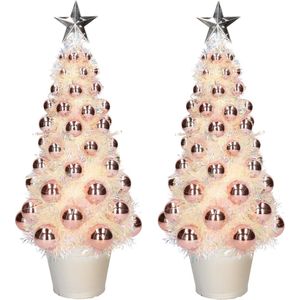 2x stuks complete kunstkerstbomen met lichtjes en ballen zalmroze - Kerstversiering - Kerstbomen - Kerstaccessoires - Kerstverlichting