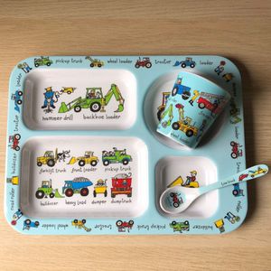 Tractor werkvoertuigen kinder servies set melamine (vakjesbord + bekertje + lepel) - Tyrrell Katz