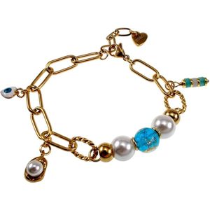17cm tot 20cm Armband Dames - Verguld RVS - Paperclipschakel Armband met Schelpparels en Blauwe Murano-Glaskralen - Verstelbaar