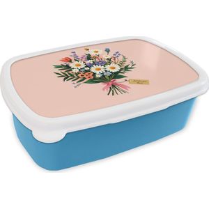 Broodtrommel Blauw - Lunchbox Margrieten - Boeket - Strikje - Roze - Brooddoos 18x12x6 cm - Brood lunch box - Broodtrommels voor kinderen en volwassenen